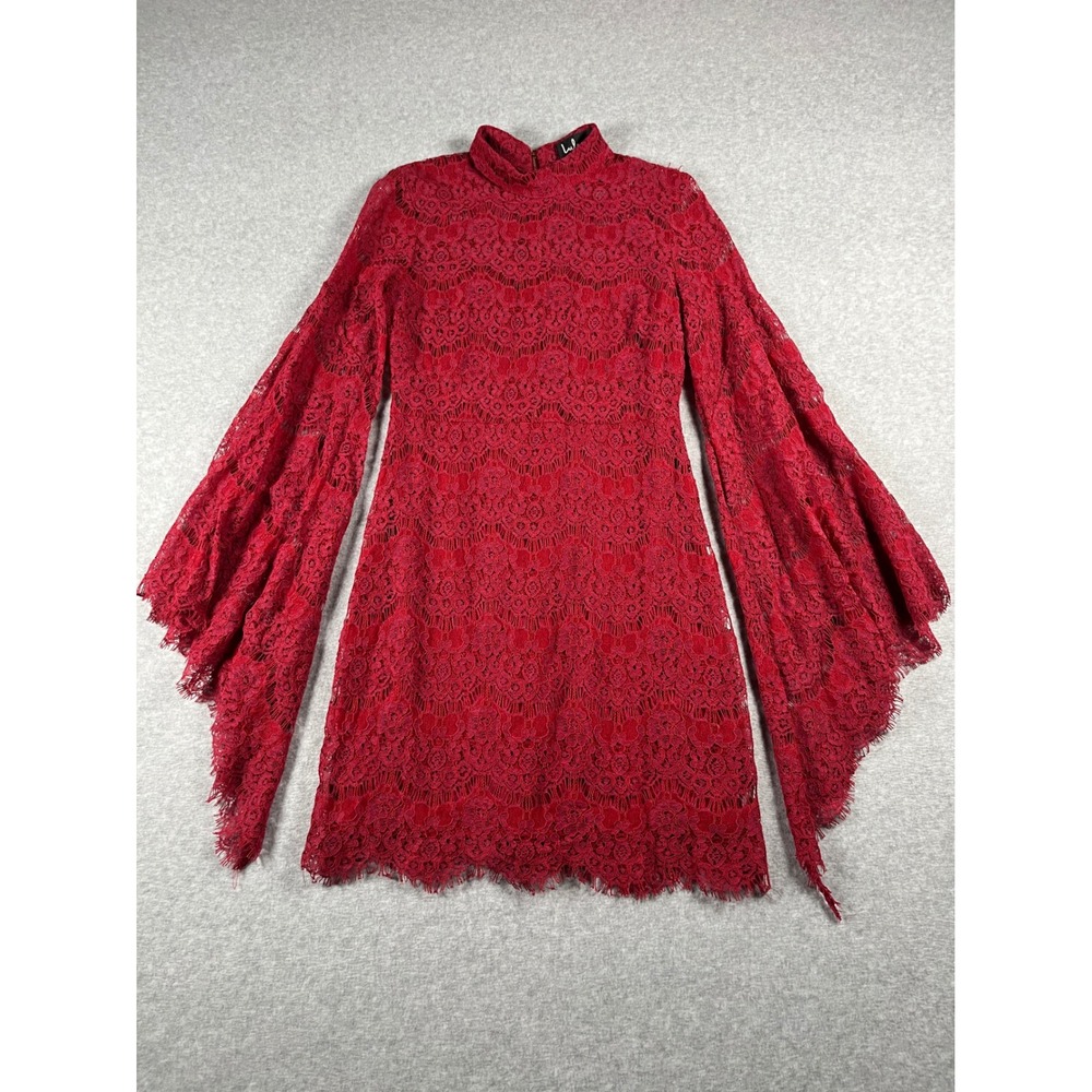 Lulus Mini Dress Womens M Red Lace Bell Sleeve Fairy Whimsigoth HOCO Homecoming